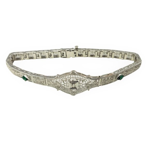 Vintage 10 Karat White Gold Filigree Diamond & Simulated Emerald Bracelet #11635 - Picture 2 of 8